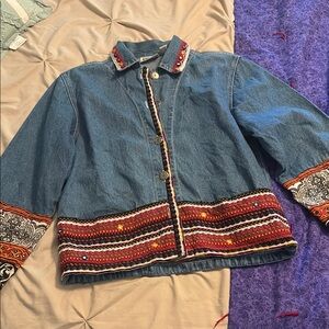Chico's vintage Denim Jacket with Red and Orange Embroidery